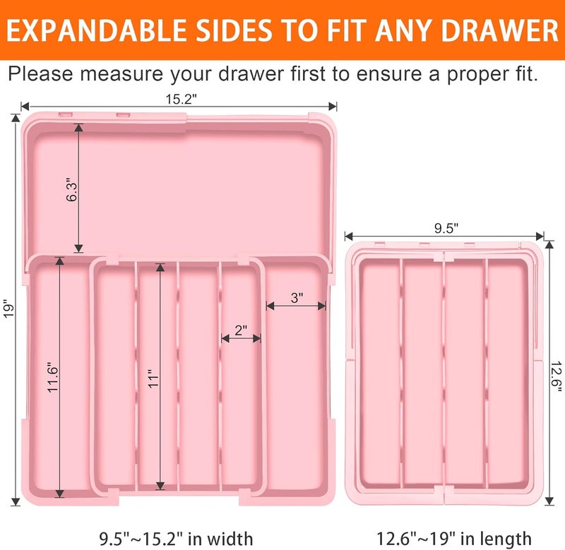 Spaclear Silverware Organizer - Expandable Silverware Drawer Organizer, Adjustable Drawer Organizer, Silverware Tray for Drawer 15.2"x 19" Utensil Drawer Organizer, Kitchen Organizers Storage, Pink - Image 2